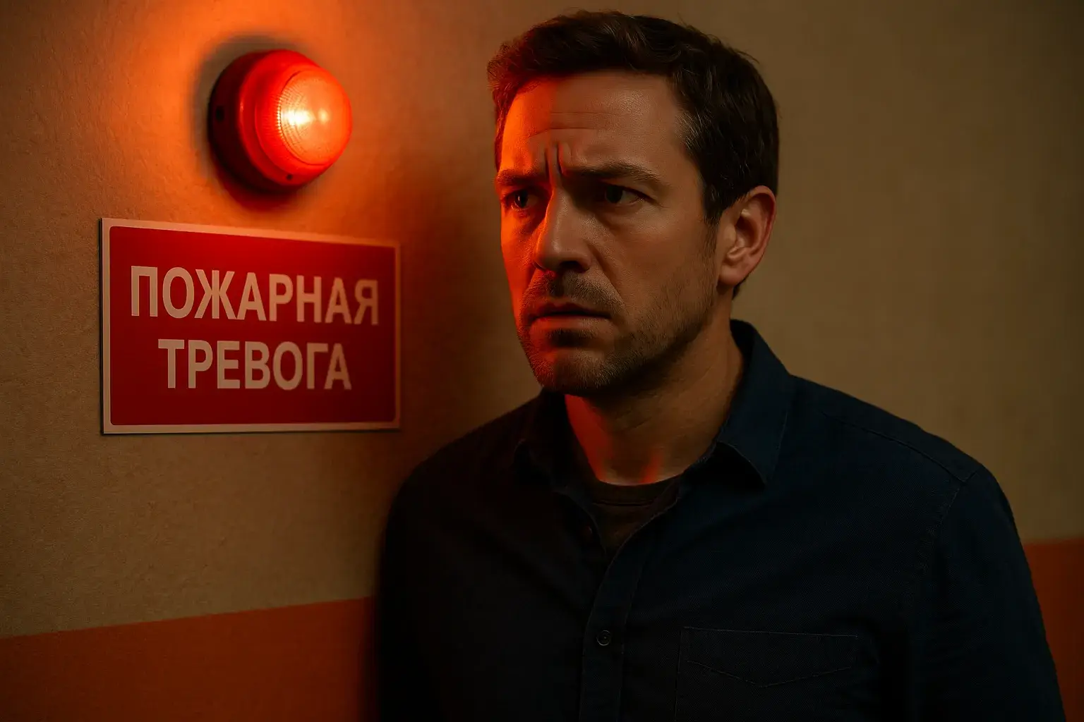 Сотрудник у лампы с табличкой Пожарная тревога