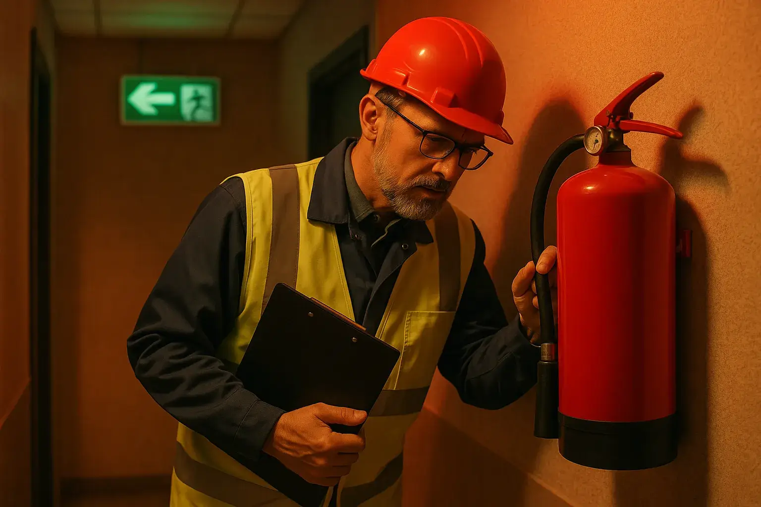 Обучение по пожарной безопасности для организаций Владивостока: требования, ПТМ, обязанности и практические рекомендации Инспектор проверяет огнетушитель в коридоре