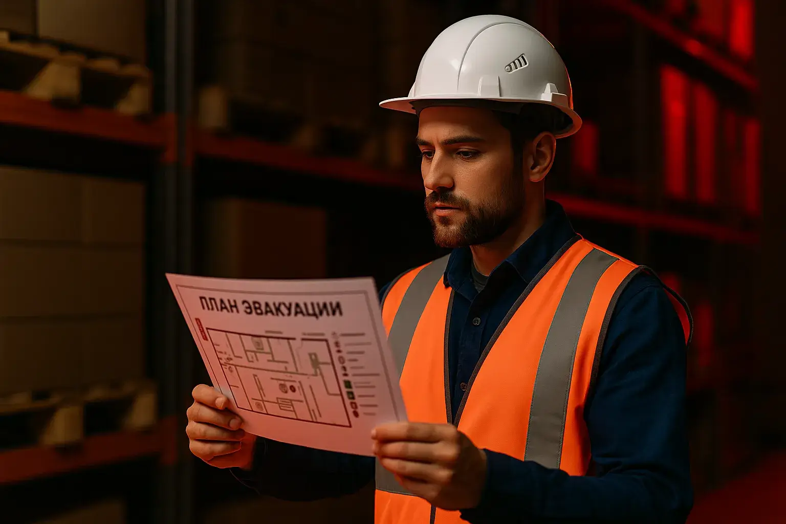 Рабочий со схемой безопасности на складе